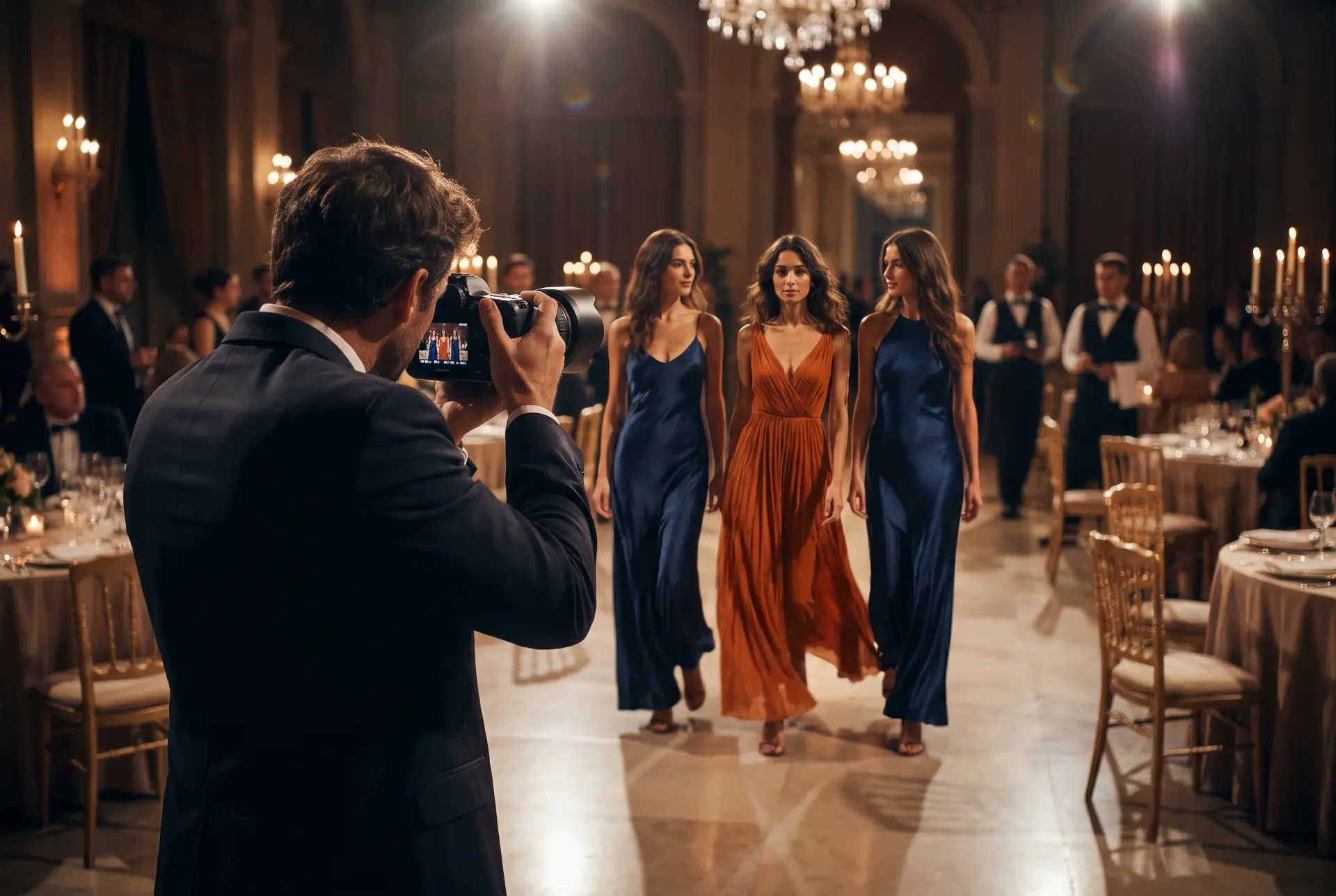 A photographer's view of three guests in gowns walking through a grand event hall