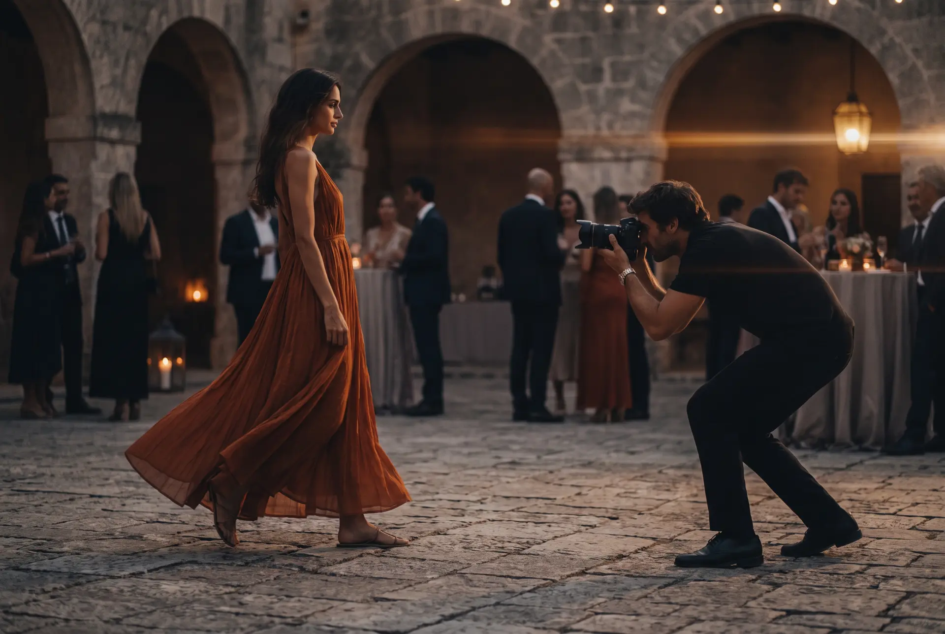 A photographer crouching to capture a guest in an ember gown in a lit courtyard